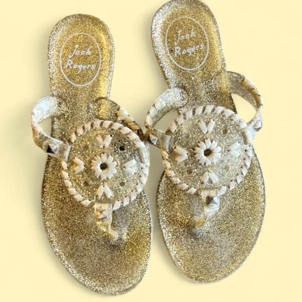 Jack Rogers gold glitter jelly sandals with white floral embellishments #glamour